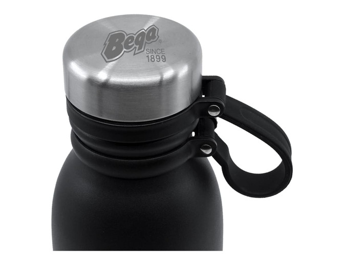 A drink bottle featuring a stainless steel lid and a black body. It has a handle and includes a logo on the lid.