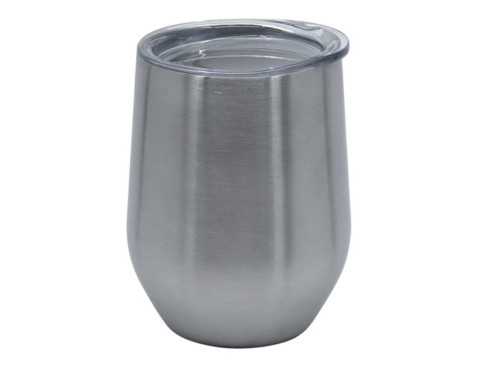 A drink bottle with a sleek, stainless steel finish and a clear lid, featuring a logo.