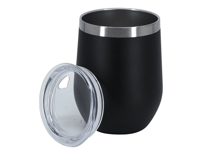 A double wall travel mug in matte black with a silver rim and a clear lid. It features a logo.