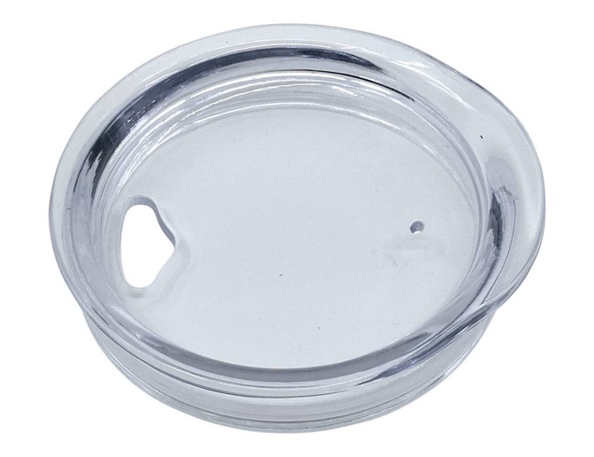 A clear, round lid for a travel mug, featuring a small opening and a handle on one side.