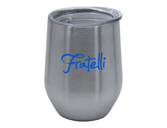 A double wall stainless steel travel mug with a clear lid, featuring a blue logo.