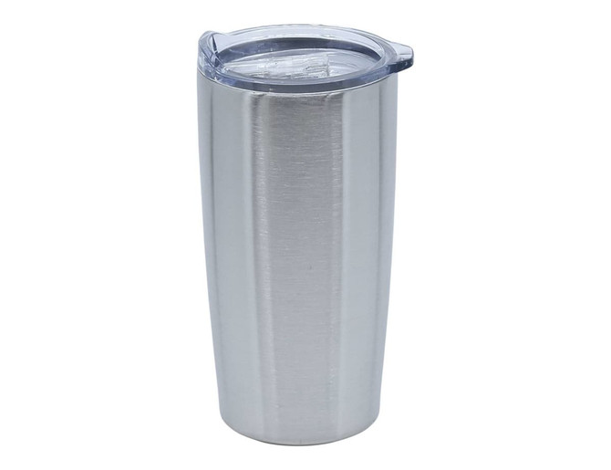 A travel mug with a stainless steel finish and a clear lid, featuring a sleek, modern design.