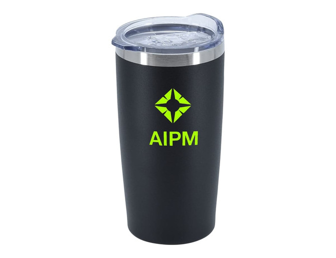 A travel mug with a double wall design in black and a transparent lid, featuring a logo.