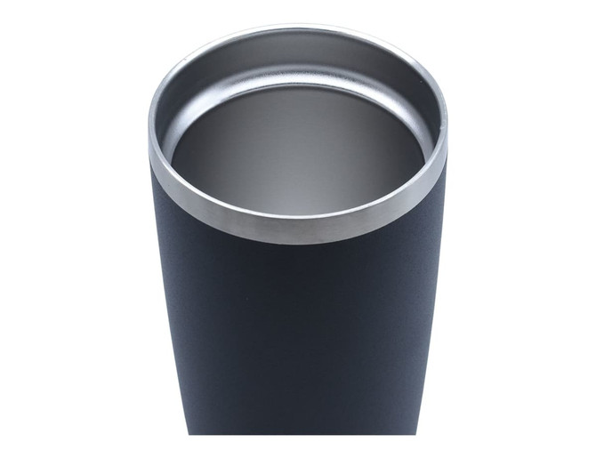 A drink bottle with a sleek black exterior and a stainless steel inner rim. It features branding on the surface.
