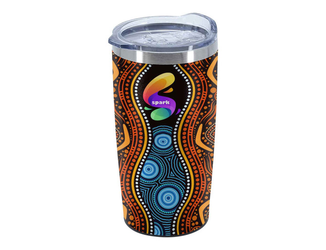 A travel mug featuring a vibrant design with orange, blue, and black patterns. It has a clear lid and a logo.