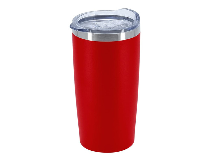 A double wall travel mug in vibrant red with a clear lid and stainless steel rim, featuring a logo.