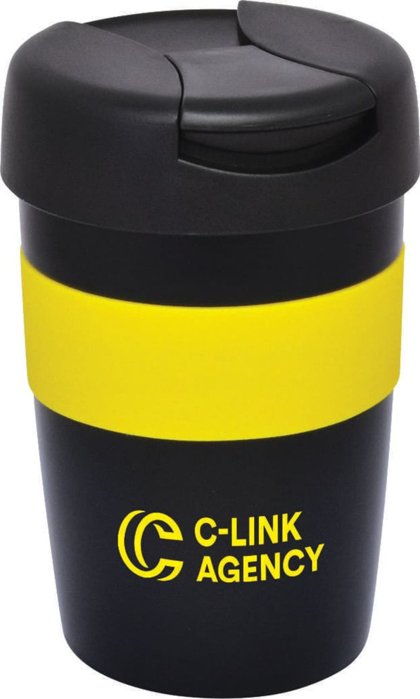 A double wall travel mug in black with a yellow band and a lid, featuring a logo.