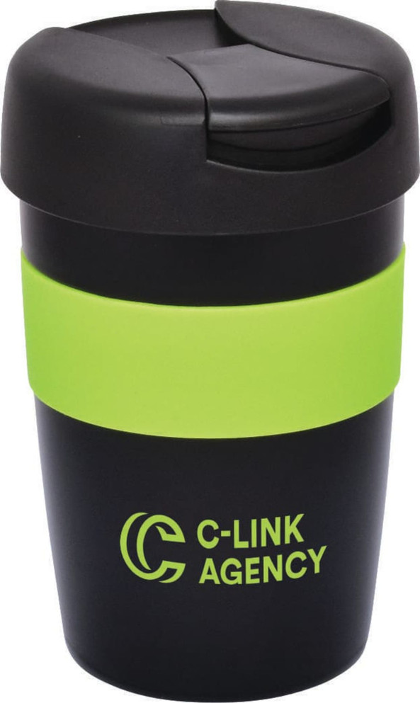 A double wall travel mug in black with a green silicone band, featuring a logo.