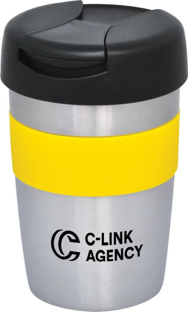 A double wall travel mug in silver and black with a yellow silicone grip and a logo on the front.