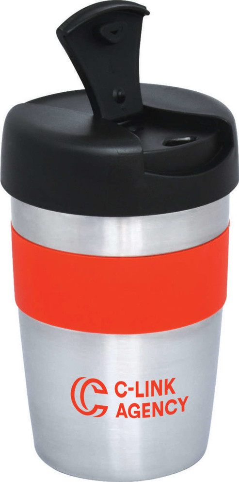 A double wall travel mug featuring a silver body, an orange silicone grip, and a black lid with a spout. It has a logo.