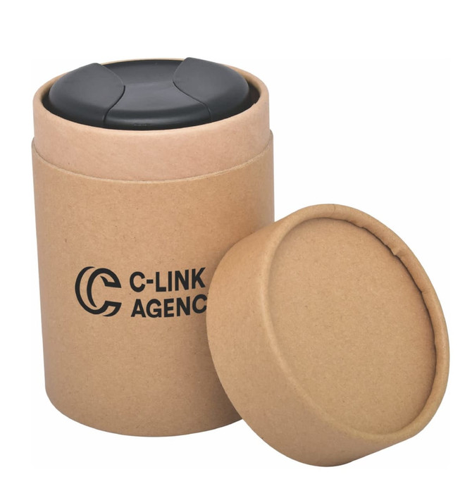 A cylindrical kraft tube with a black lid, designed for packaging a writing pen. It features a logo.