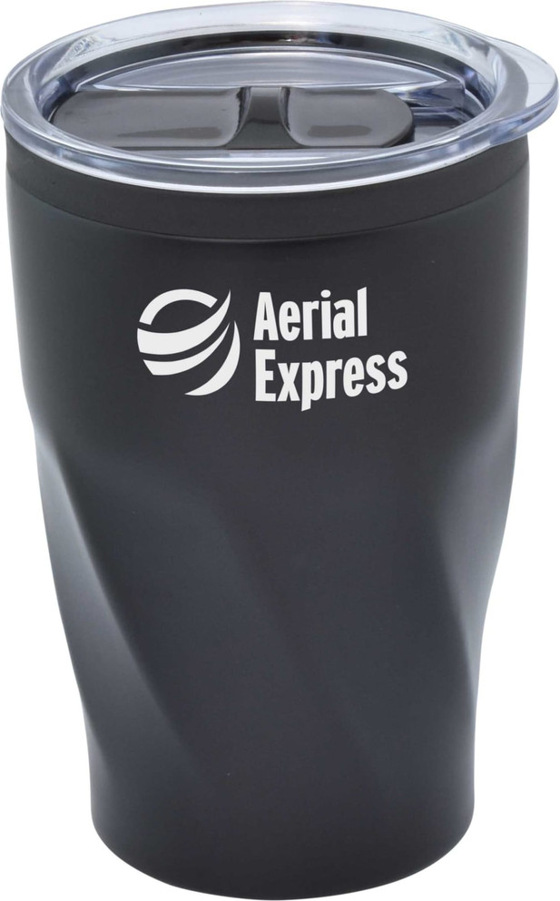 A travel mug with a sleek black design and a clear lid, featuring a logo on the side.