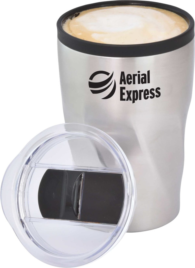 A double wall travel mug in stainless steel with a clear lid and a logo on the front.