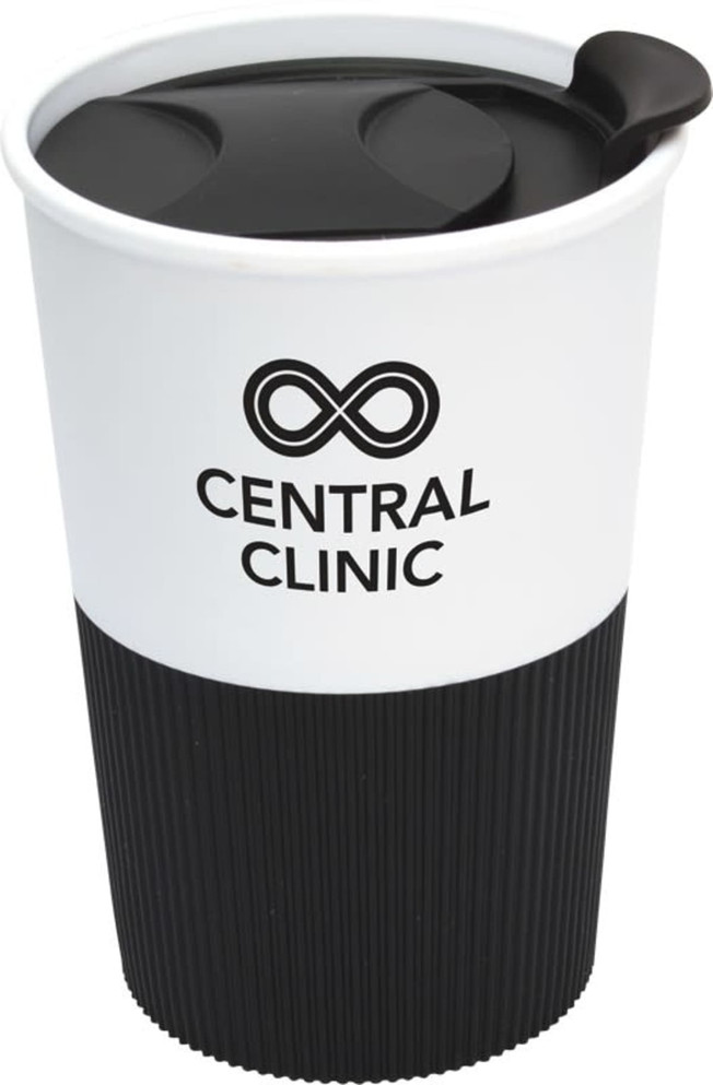 A white and black coffee mug featuring a black lid and a textured black base, with a logo on the front.