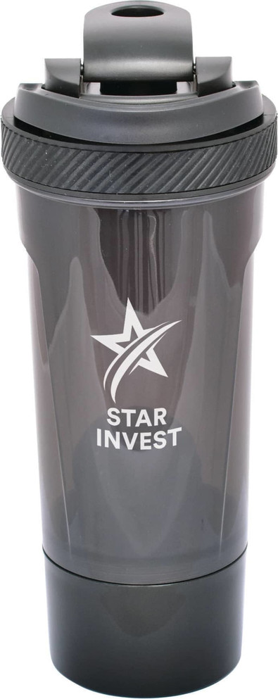 A drink bottle in black, featuring a logo and a design suitable for protein shakes.