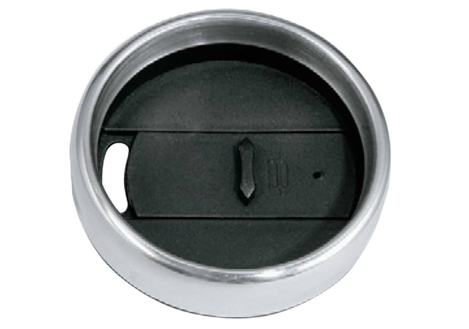 A drink bottle lid featuring a metallic edge and a black inner seal, designed for a travel mug.