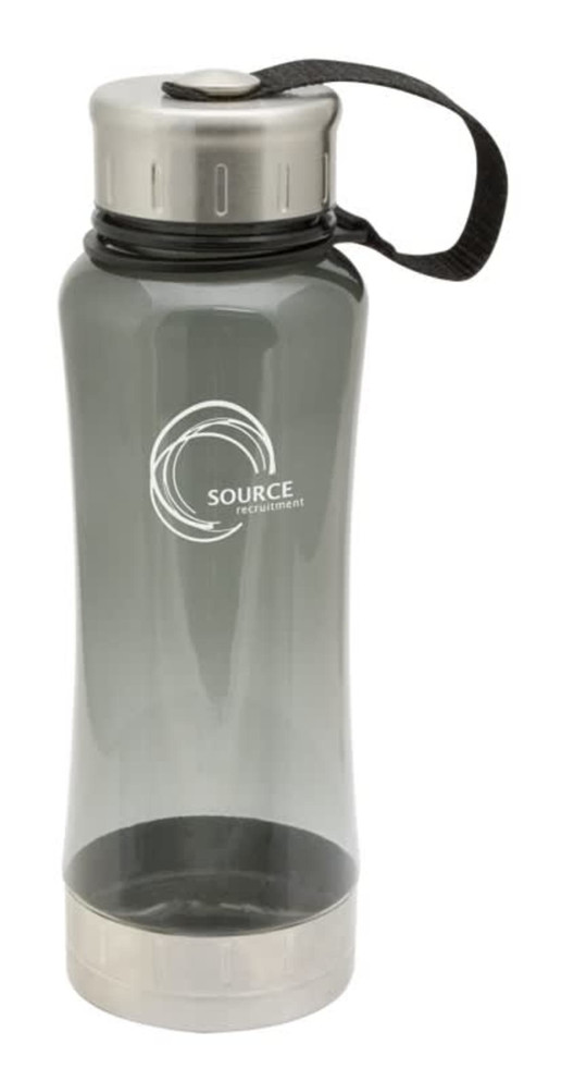 A drink bottle in grey with a silver lid and a strap, featuring a logo on the side.