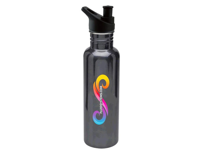A drink bottle in dark grey stainless steel with a black spout and a logo design.