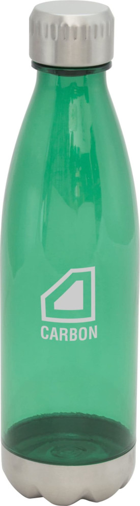 A drink bottle in vibrant green with a stainless steel base and a logo on the front.