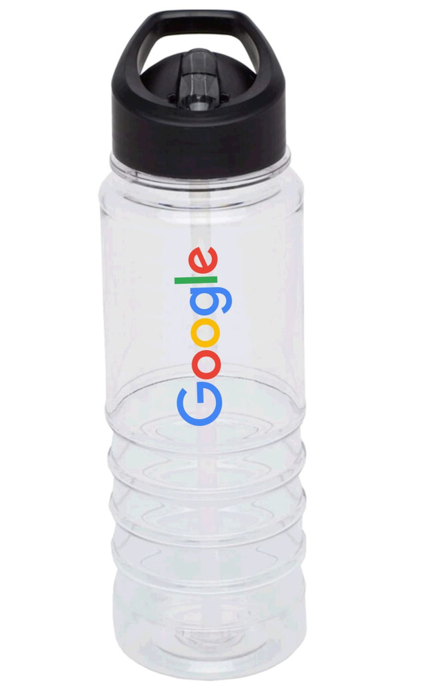 A clear drink bottle with a black lid and a logo. Features a textured grip design.