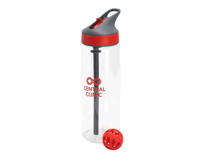 A drink bottle with a clear body, black straw, black and red lid, and a red mixing ball, featuring a logo.