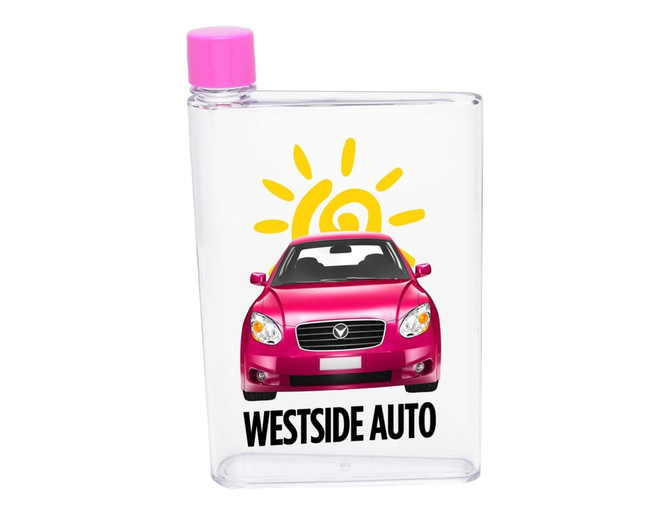 A drink bottle in a clear design featuring a pink car illustration and a pink cap. It has a logo on the front.