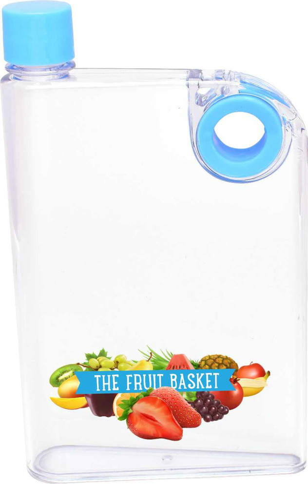 A drink bottle in clear plastic with a blue lid and a blue grip feature, featuring fruit graphic design.