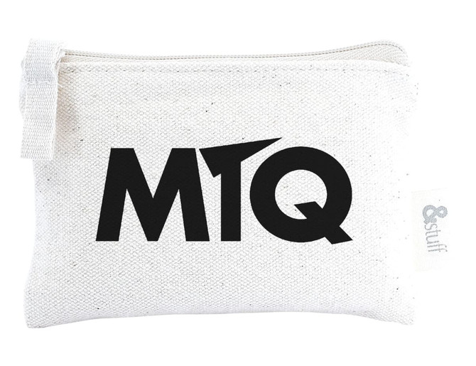 A white calico earphone pouch featuring a prominent black logo. The pouch measures 8.5cm x 13cm.