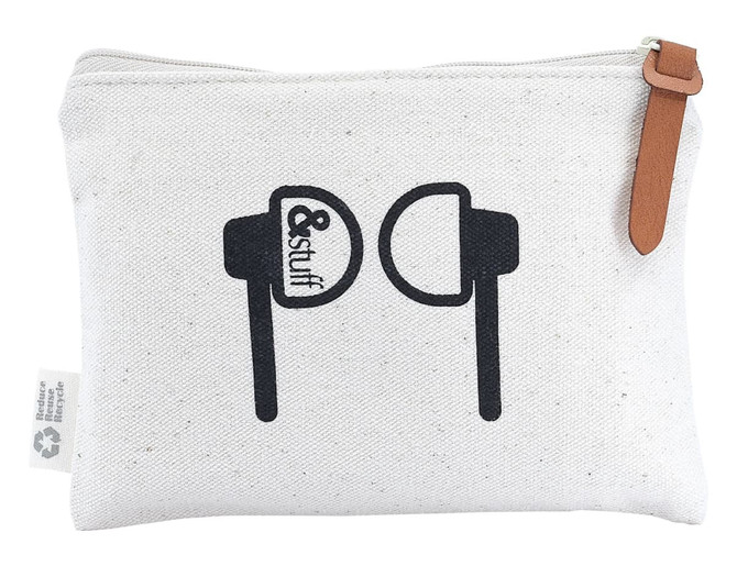 A white calico earphone pouch with a zipper and a leather pull. It features a graphic of earphones and a logo.