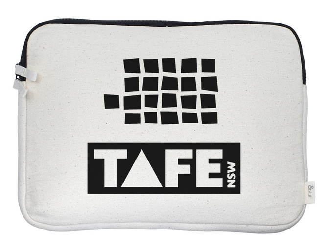 A cream laptop sleeve featuring a black logo and design, measuring 24cm x 33cm x 3cm.