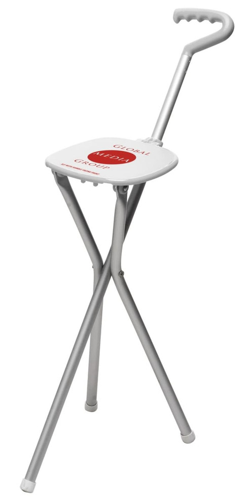 A folding sport seat in white with a silver frame, featuring a handle for easy carrying.