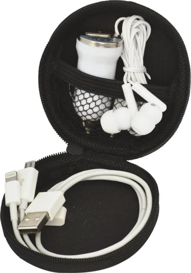 A black zippered case containing white earphones, a USB cable, and a charger.