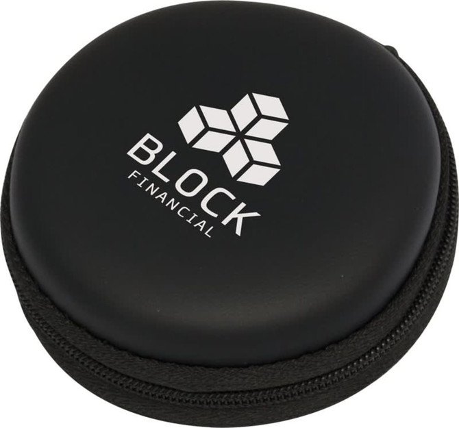 A round black case with a zip, featuring a logo on the front. The case is compact and designed for storing items.