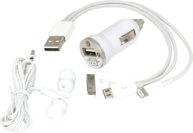 A white car charger with a USB port, a pair of white earbuds, and a charging cable with multiple connectors.