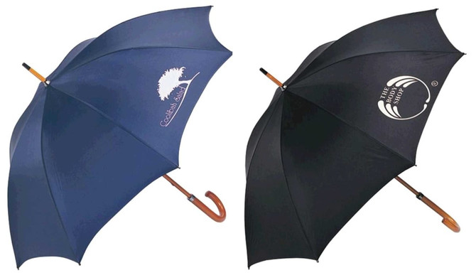 Two umbrellas are displayed, one in navy blue with a logo and the other in black with a logo, both featuring a curved handle.