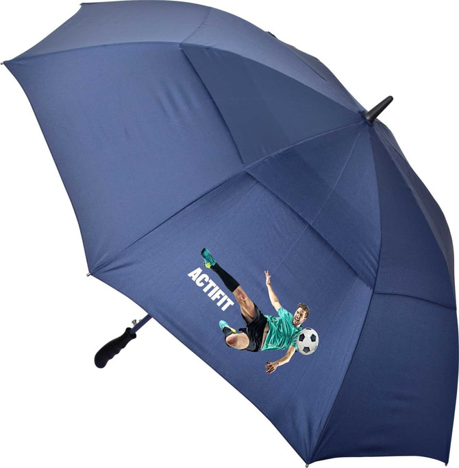 A navy blue golf umbrella featuring a player kicking a soccer ball and a logo.