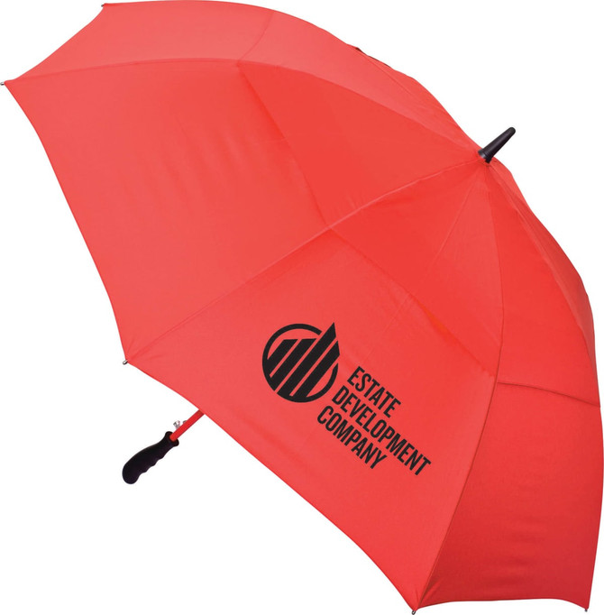 A red golf umbrella featuring a black logo, with a curved handle and a large canopy design.