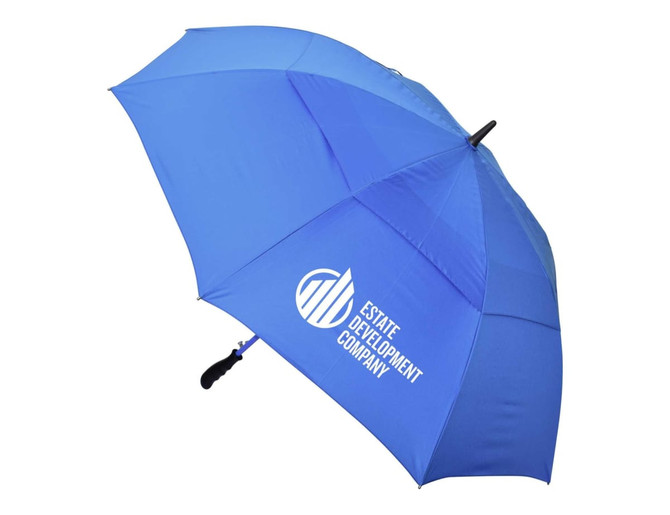A blue auto golf umbrella featuring a logo, designed for outdoor use.