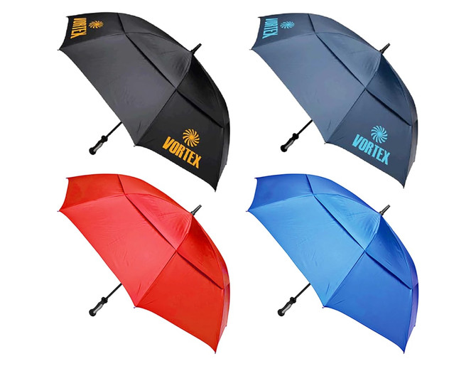 A collection of four umbrellas in black, blue, red, and grey, each featuring a logo or branding.