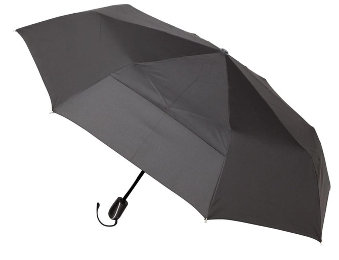 A black umbrella with an automatic open and close feature, featuring a curved handle and a brand logo.