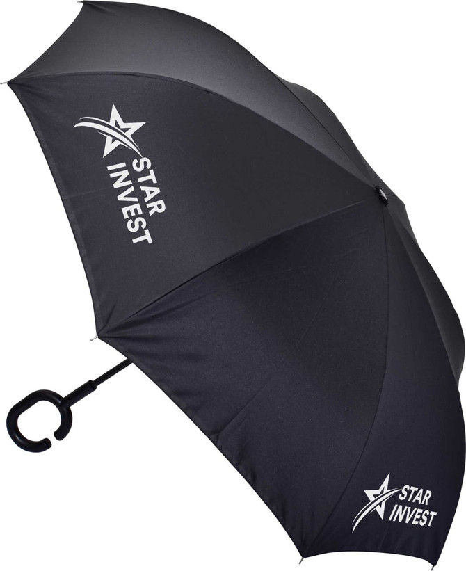 An inverted black umbrella with a C-shaped handle and a logo printed on one side.