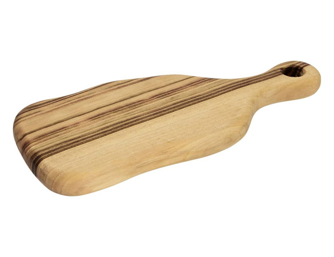 A wooden serving board in natural wood tones with contrasting stripes and a handle for easy carrying.