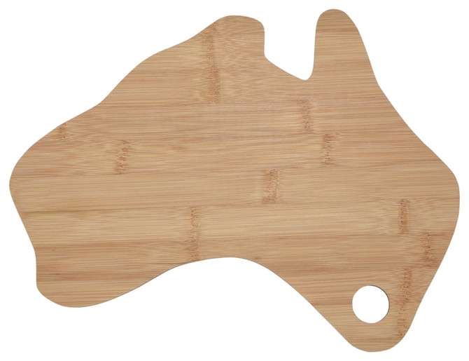 A bamboo cheese board shaped like Australia, featuring a natural wood finish and a circular hole for hanging.
