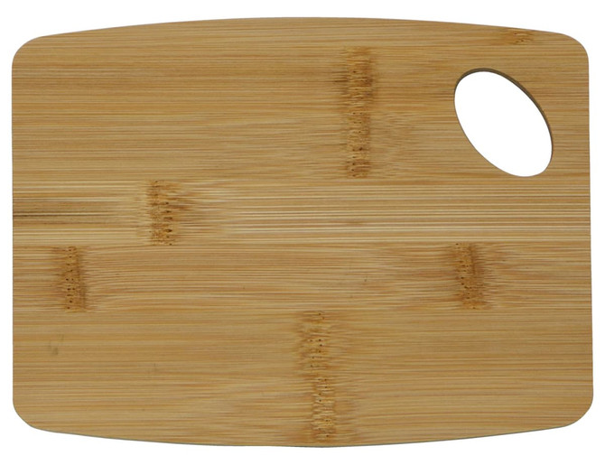 A bamboo cheese board with a curved handle, featuring a smooth, natural finish.