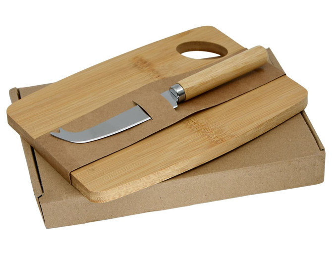 A bamboo cheese board set featuring a knife, presented in a kraft box. The set is natural in colour.