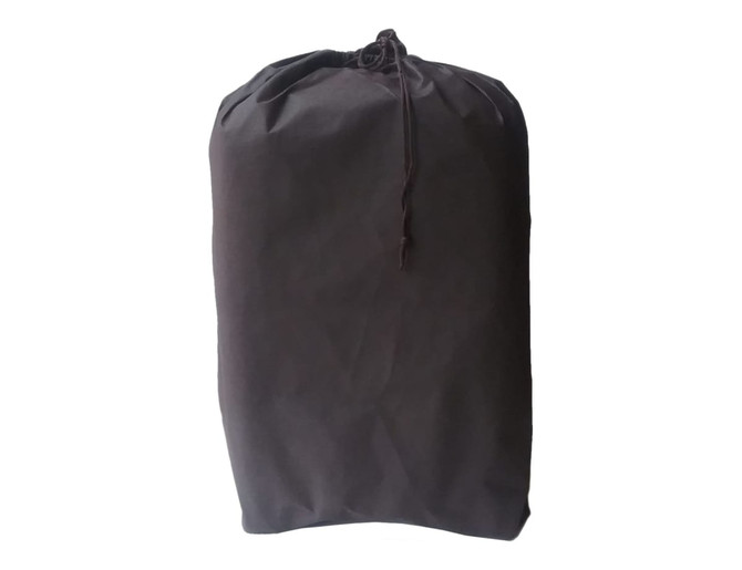 A black carry-on suitcase with a drawstring closure, featuring a logo or branding on the surface.