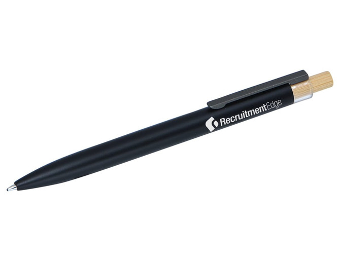 A black recycled pen with a bamboo clip, featuring a logo on its side.