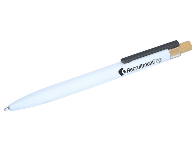 A recycled metal pen in white with a wooden accent and a clip. It features a logo on the barrel.