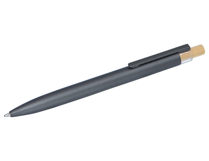 A black metal pen with a bamboo accent and a clip, featuring a simple and sleek design.