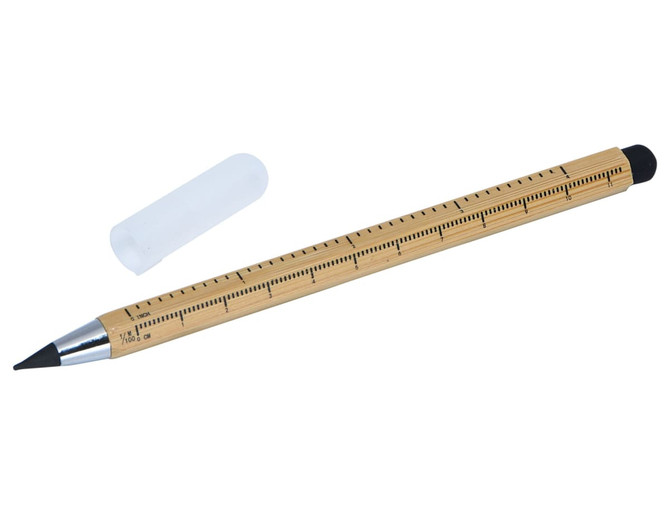 A wooden stylus pen in natural colour with a black tip, accompanied by a transparent cap.